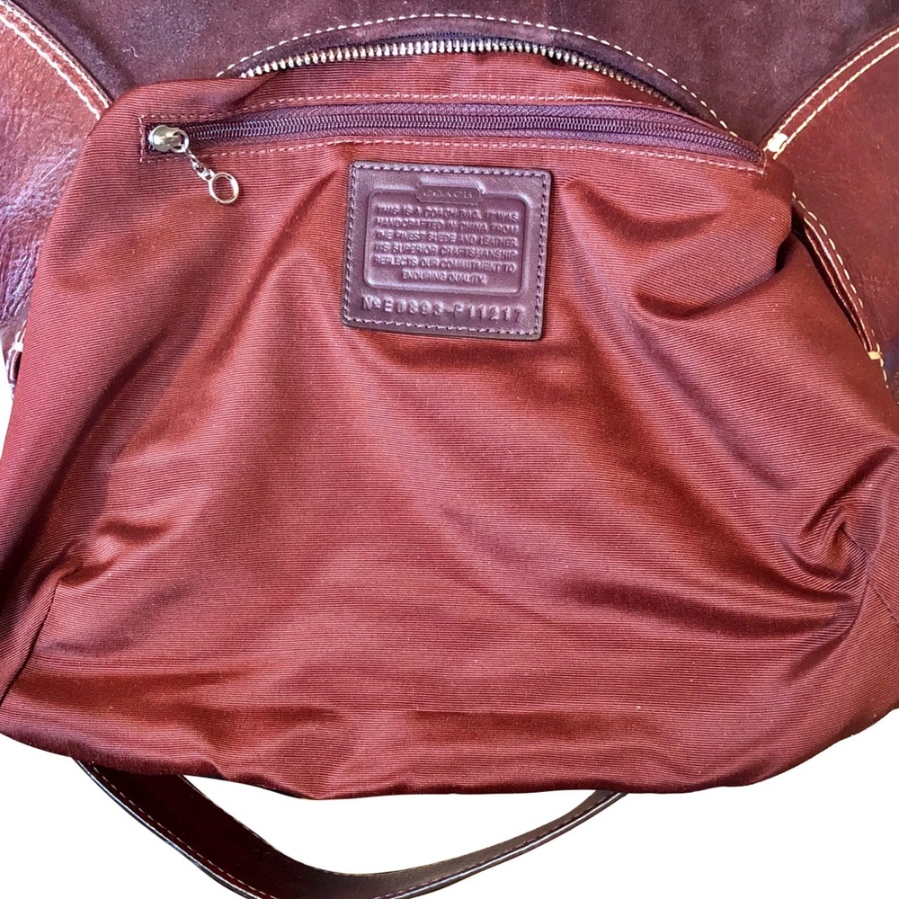 COACH Hampton Patchwork Mosaic Burgundy Leather Brown Suede Top Zip Shoulder Bag - Picture 13 of 17